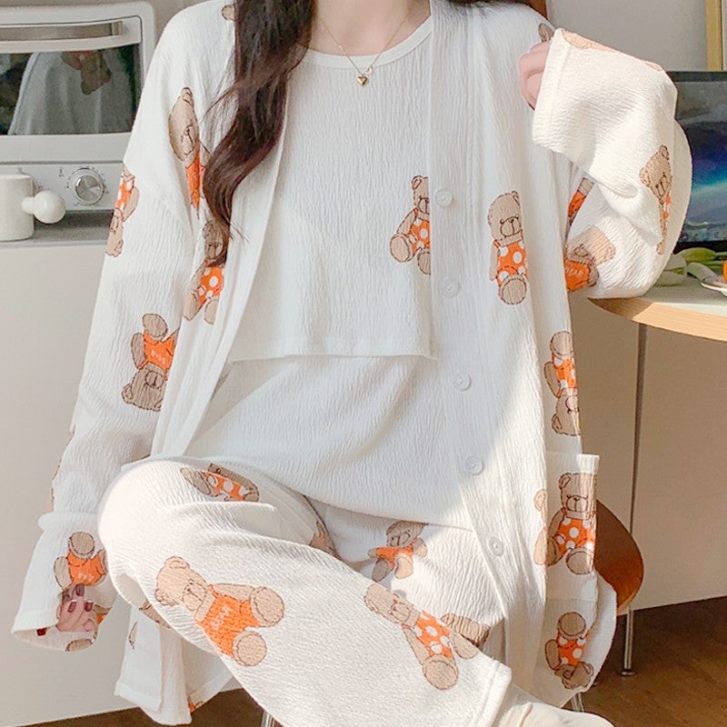 Moon clothing spring and autumn May 4 cotton gauze postpartum lactation three-piece set of thin pregnant women pajamas maternal breast-feeding 343 Winnie the Pooh [three-piece]] 