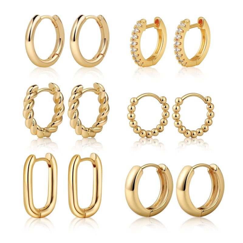 Tasiso Small Hoop Earrings for Women, 6 Pair 14K Gold Plated Lightweight Huggie Hoop Earrings Hypoallergenic Earring Set Earrings Pack for Women Trendy Jewelry Gifts - Image 1