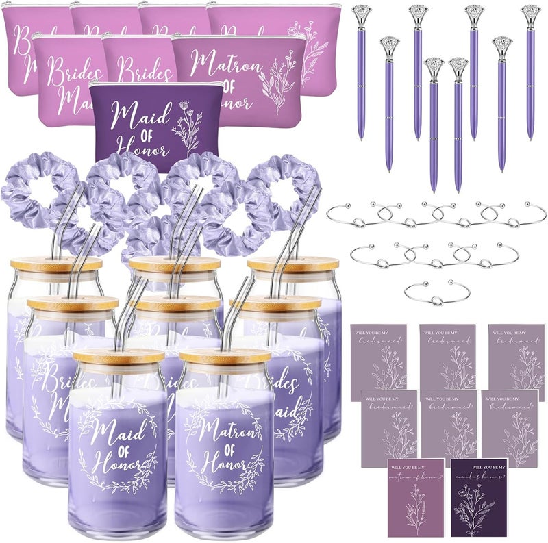 Irenare 48 Pcs Bridesmaid Proposal Gifts Maid of Honor Gifts Bridal Shower 16oz Glass Cups Cosmetic Makeup Bags Invited Cards Scrunchies Hair Knotted Bracelets Diamond Pens (Purple)