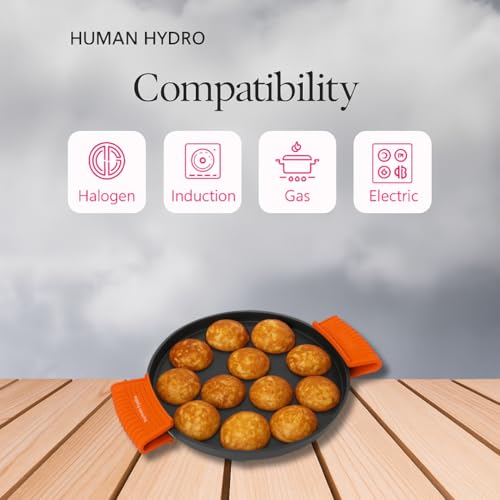 Human Hydro Pre-Seasoned Cast Iron 12-Pit Paniyaram Pan (20CM) with Glass Lid & Silicone Grips | Naturally Non-Stick | Induction & Gas Compatible | Ideal for Appam, Paddu & Paniyaram - Image 3