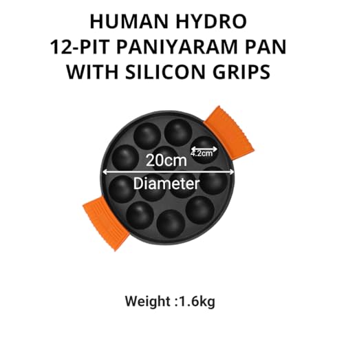 Human Hydro Pre-Seasoned Cast Iron 12-Pit Paniyaram Pan (20CM) with Glass Lid & Silicone Grips | Naturally Non-Stick | Induction & Gas Compatible | Ideal for Appam, Paddu & Paniyaram - Image 2