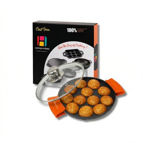 Human Hydro Pre-Seasoned Cast Iron 12-Pit Paniyaram Pan (20CM) with Glass Lid & Silicone Grips | Naturally Non-Stick | Induction & Gas Compatible | Ideal for Appam, Paddu & Paniyaram - Image 1