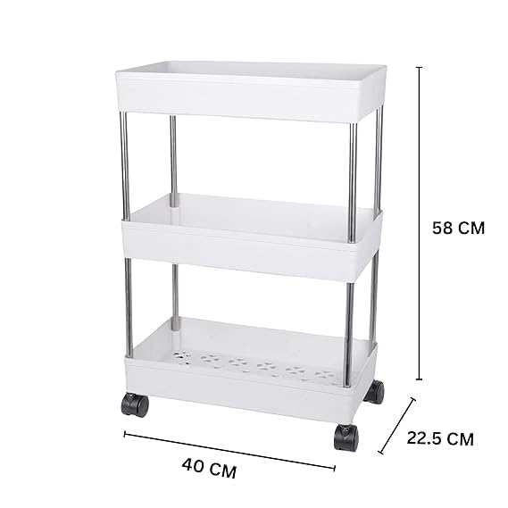 Leaffybezz 3 Layer Multipurpose Kitchen Trolley with Wheels, Space Saving Home Storage Organizer Rack Vegetable Trolley Rack Stand for Living Room, Bedroom, Office (White) - Image 3
