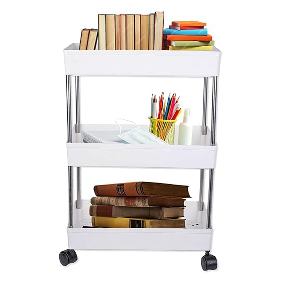 Leaffybezz 3 Layer Multipurpose Kitchen Trolley with Wheels, Space Saving Home Storage Organizer Rack Vegetable Trolley Rack Stand for Living Room, Bedroom, Office (White) - Image 1