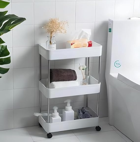 Leaffybezz 3 Layer Multipurpose Kitchen Trolley with Wheels, Space Saving Home Storage Organizer Rack Vegetable Trolley Rack Stand for Living Room, Bedroom, Office (White) - Image 5