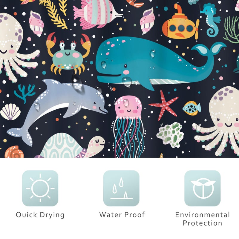 ريديكور Riyidecor Kids Ocean Ocean Animal Surtain 60wx72H بوصة تحت الماء كرتون حوت الدلفين الأخطبوط قناديل البحر السلاحف الشاطئ - Image 5