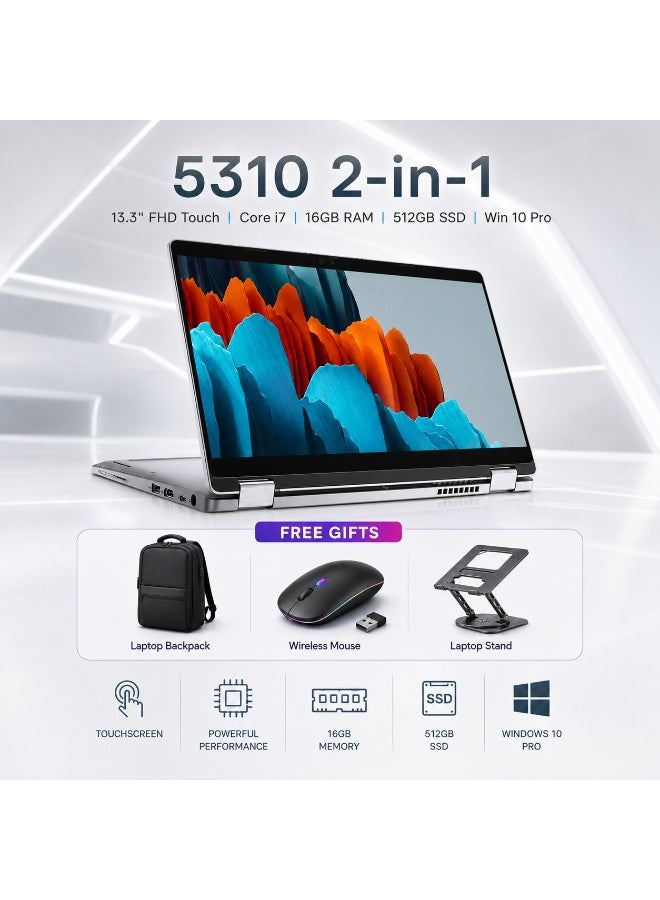 لابتوب Latitude 5310 2-in-1 قابل للتحويل بشاشة لمس FHD ‏13.3 بوصة ومعالج Core i7-10610U ورام 16GB وSSD ‏512GB مع شنطة وماوس لاسلكي وحامل هدية - Image 2