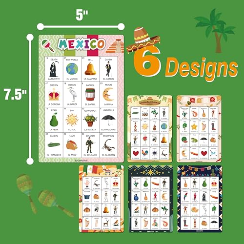 EDUMAETRIX Mexican Loteria Bingo Board Game Bilingual English Spanish 24 Game Sheets with 6 Designs for Kids Ages 5 Adults Seniors Learning Game for Classroom Parties Family Night - Image 5
