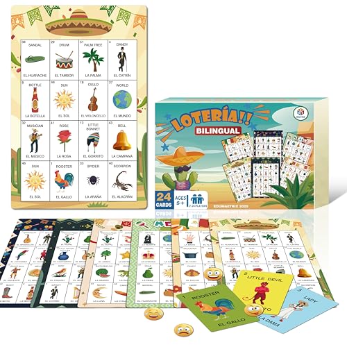 EDUMAETRIX Mexican Loteria Bingo Board Game Bilingual English Spanish 24 Game Sheets with 6 Designs for Kids Ages 5 Adults Seniors Learning Game for Classroom Parties Family Night - Image 1