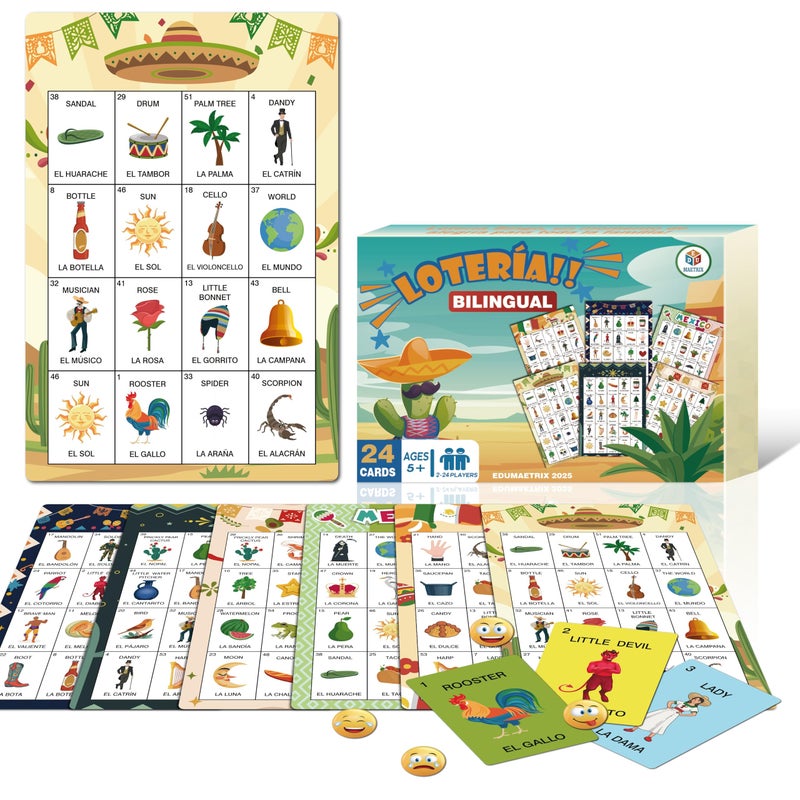 EDUMAETRIX Mexican Loteria Bingo Board Game Bilingual English Spanish 24 Game Sheets with 6 Designs for Kids Ages 5 Adults Seniors Learning Game for Classroom Parties Family Night - Image 3