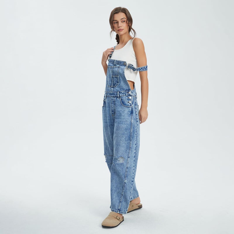 Ladyful Women's Denim Overall Casual Straight Wide Leg Bib Jeans Overall Adjustable Straps Ripped Distressed Denim Romper Stretch Jumpsuits - Image 5