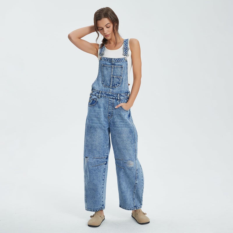 Ladyful Women's Denim Overall Casual Straight Wide Leg Bib Jeans Overall Adjustable Straps Ripped Distressed Denim Romper Stretch Jumpsuits - Image 4