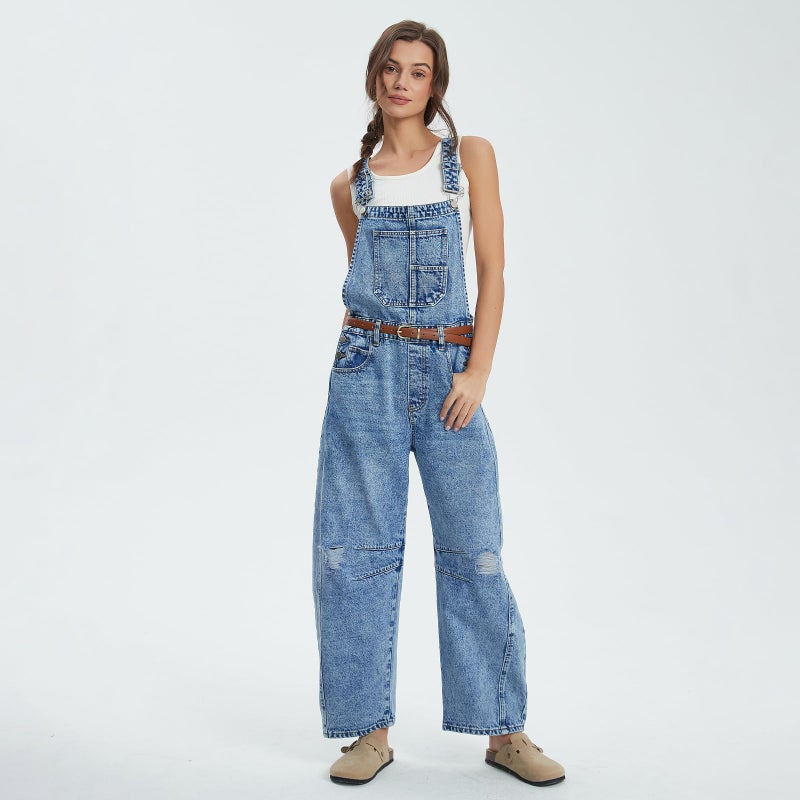 Ladyful Women's Denim Overall Casual Straight Wide Leg Bib Jeans Overall Adjustable Straps Ripped Distressed Denim Romper Stretch Jumpsuits - Image 2
