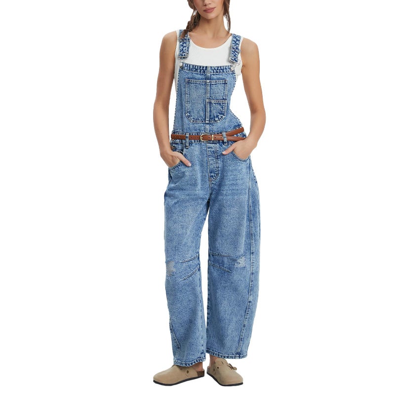 Ladyful Women's Denim Overall Casual Straight Wide Leg Bib Jeans Overall Adjustable Straps Ripped Distressed Denim Romper Stretch Jumpsuits - Image 1