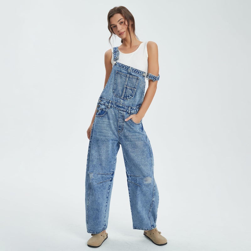 Ladyful Women's Denim Overall Casual Straight Wide Leg Bib Jeans Overall Adjustable Straps Ripped Distressed Denim Romper Stretch Jumpsuits - Image 3