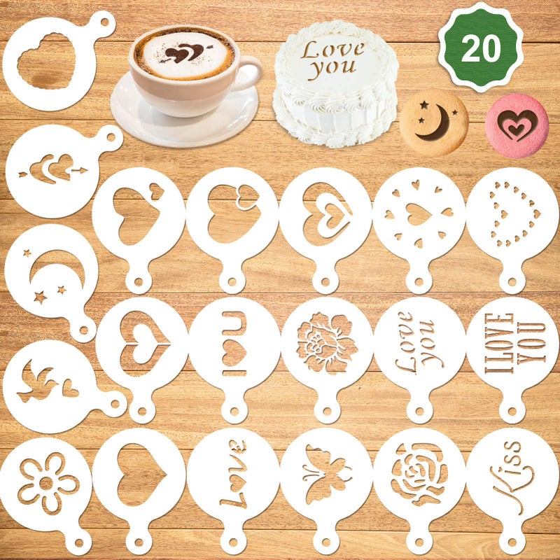 Konsait 20Pack Valentine's Day Cake Stencil Templates Decoration, Reusable Valentine Day Cake Cookies Baking Painting Mold Tools, for Decorating Dessert Coffee Oatmeal Cappuccino Mousse Hot Chocolate - Image 1