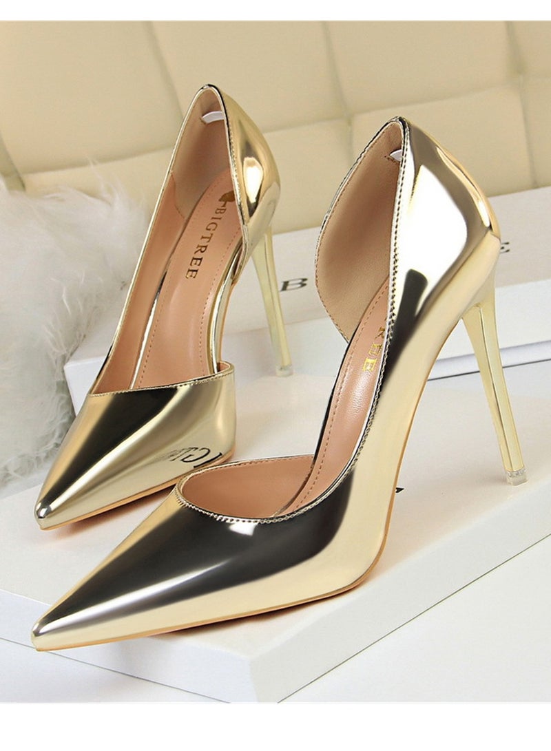 BIGTREE 10.5CM Stylish Metal Heels With High Heels And Pointy Pumps Nave Gold - Image 1