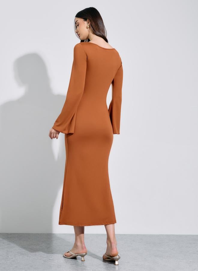 Styli Khaki Solid Asymmetric Neck Fit and Flare Midi Dress - Image 4