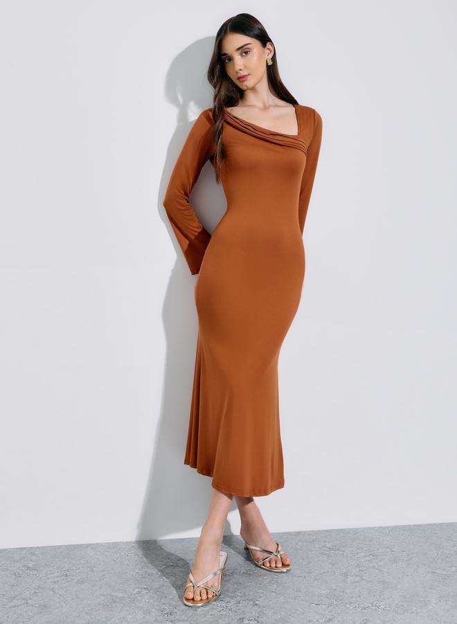 Styli Khaki Solid Asymmetric Neck Fit and Flare Midi Dress - Image 1
