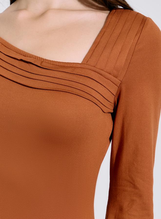 Styli Khaki Solid Asymmetric Neck Fit and Flare Midi Dress - Image 3