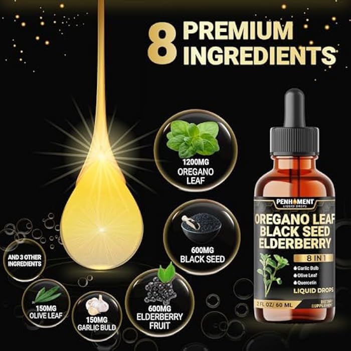 Penhoment 8in1 2900mg Oil of Oregano Drops with Black Seed Oil Liquid | Contains Carvacrol | Garlic, Elderberry, Olive Leaf, Quercetin, Bromelain - 2 Fl Oz - Image 3