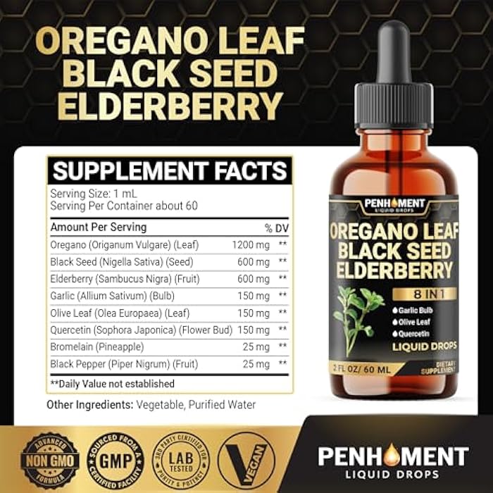 Penhoment 8in1 2900mg Oil of Oregano Drops with Black Seed Oil Liquid | Contains Carvacrol | Garlic, Elderberry, Olive Leaf, Quercetin, Bromelain - 2 Fl Oz - Image 2