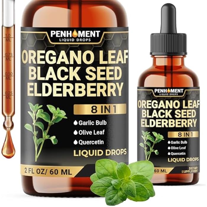Penhoment 8in1 2900mg Oil of Oregano Drops with Black Seed Oil Liquid | Contains Carvacrol | Garlic, Elderberry, Olive Leaf, Quercetin, Bromelain - 2 Fl Oz - Image 1