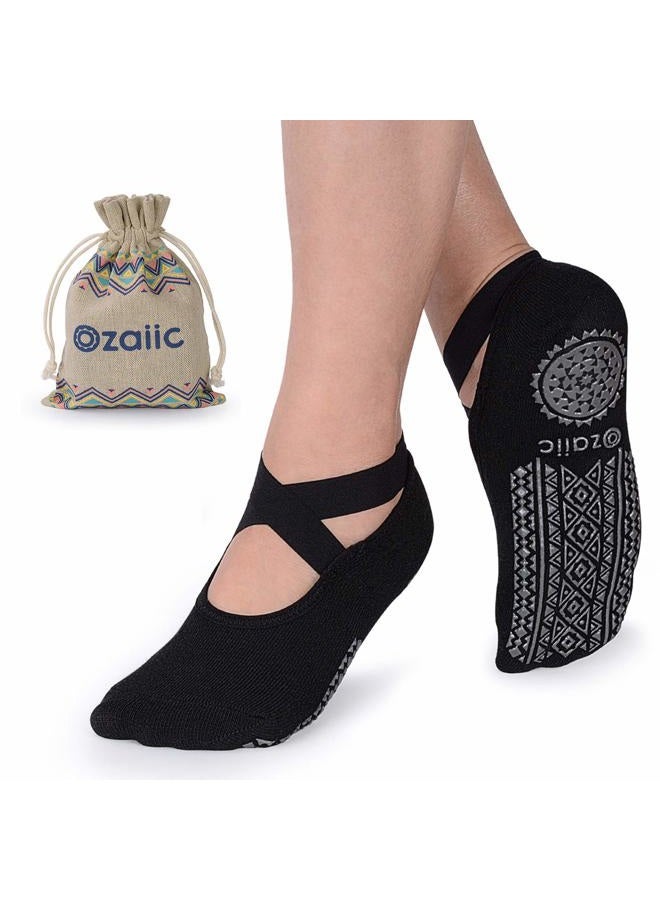 Ozaiic (One Size, Black - 1 Pair) - Yoga Socks for Women Non-Slip Grips & Straps, Ideal for Pilates, Pure Barre, Ballet, Dance, Barefoot Workout - Image 1