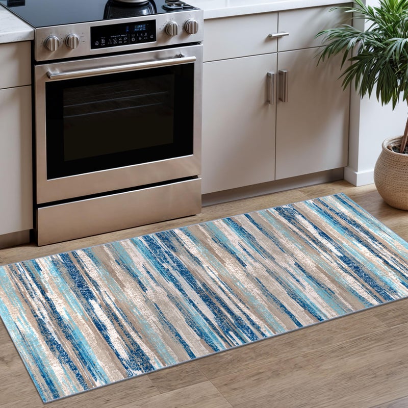 Lansny Modern Abstract Runner Rug 2x5 Blue Washable Entryway Kitchen Runner NonSlip Soft Hallway Rug Runner Thin Print Faux Wool Carpet for Bedroom Laundry Room Indoor