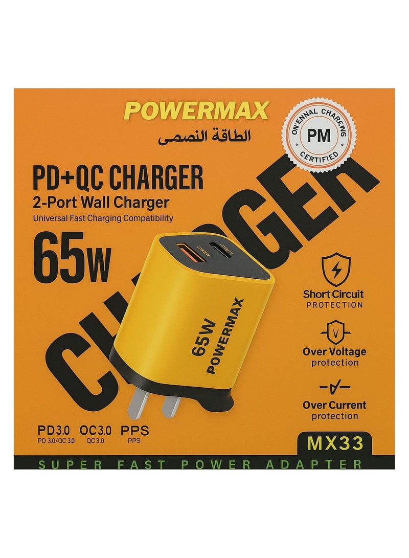 PowerMax POWERMAX 65W Fast Charger | Dual Port USB-C & USB-A Wall Adapter | Over-Current, Over-Voltage & Short Circuit Protection | UK 3-Pin Plug | Yellow - Image 2