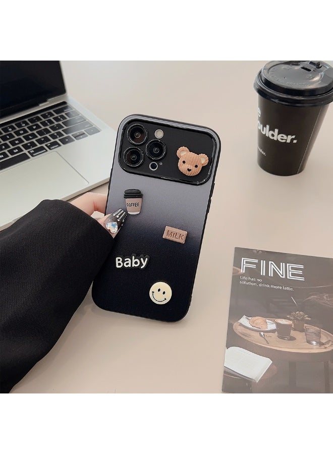 NIBEMINENT Gradient Color Clash Protective TPU Case Cover For iPhone 16, Black And Grey Coffee Bear