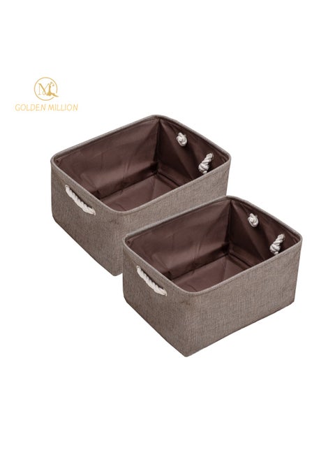 2 PCS Storage Baskets for Shelves Flax Fabric Bins with Rope Handles Foldable Cube Rectangle Closet Organizer