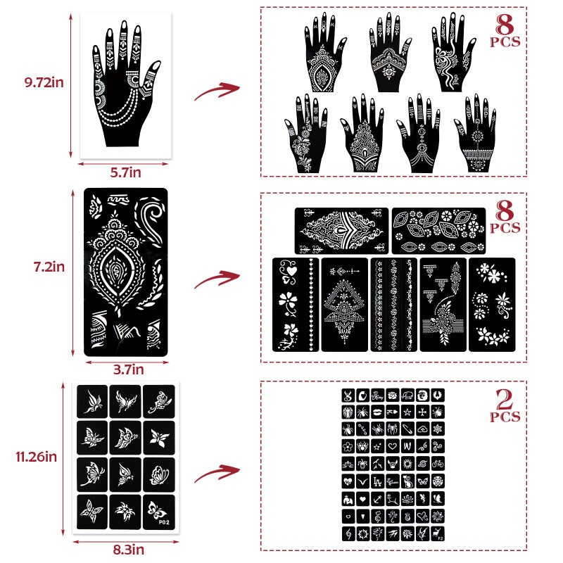 Koogel 18 Sheets Henna Tattoo Stencils, Temporary Flower Patterns Glitter Airbrush Tattoo Kits Arabian Stickers for Women and Girls Face Hand Paint Body Art - Image 3