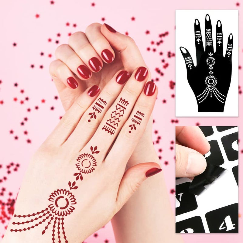 Koogel 18 Sheets Henna Tattoo Stencils, Temporary Flower Patterns Glitter Airbrush Tattoo Kits Arabian Stickers for Women and Girls Face Hand Paint Body Art - Image 5