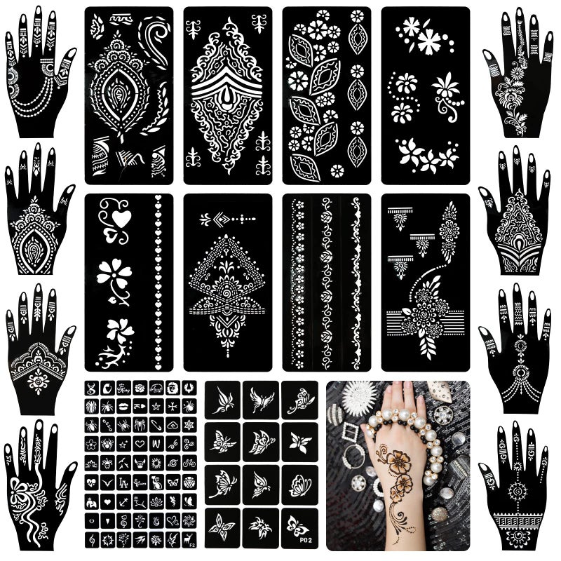 Koogel 18 Sheets Henna Tattoo Stencils, Temporary Flower Patterns Glitter Airbrush Tattoo Kits Arabian Stickers for Women and Girls Face Hand Paint Body Art - Image 1