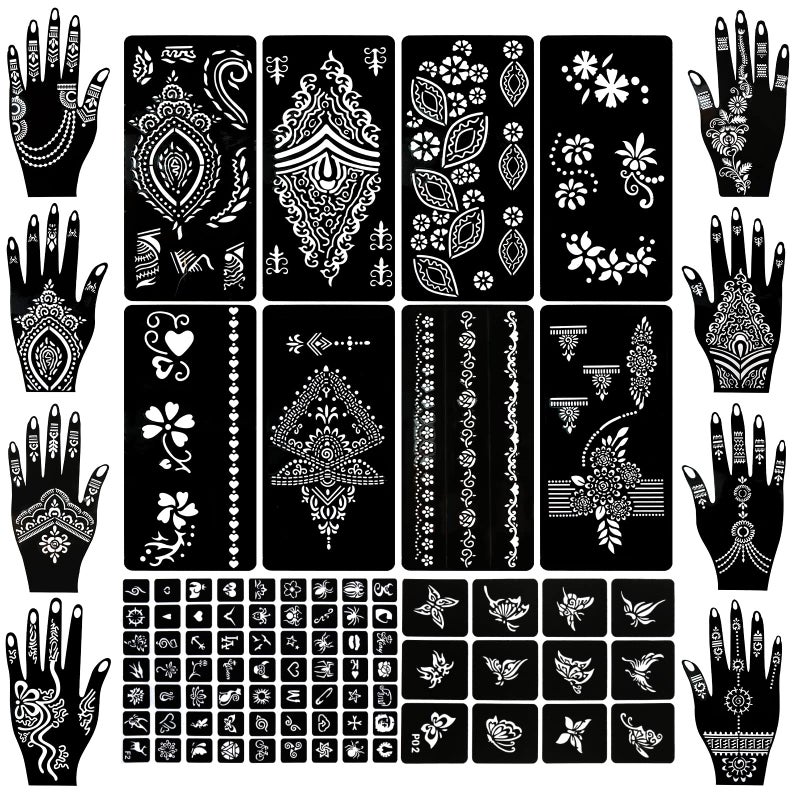 Koogel 18 Sheets Henna Tattoo Stencils, Temporary Flower Patterns Glitter Airbrush Tattoo Kits Arabian Stickers for Women and Girls Face Hand Paint Body Art - Image 2