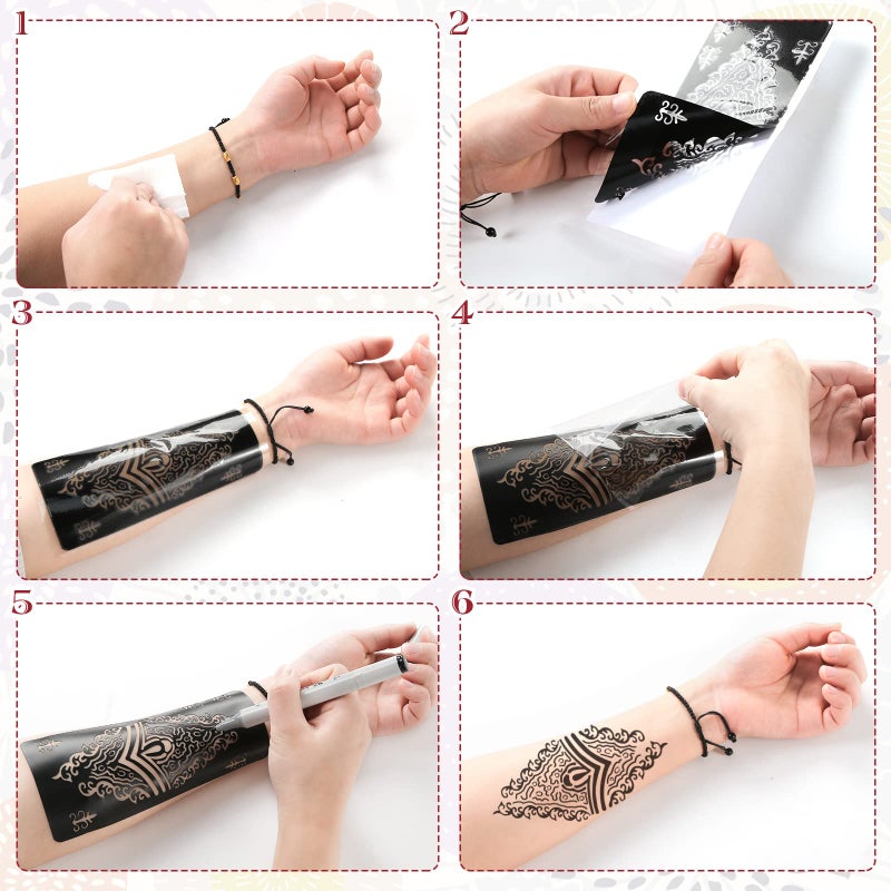 Koogel 18 Sheets Henna Tattoo Stencils, Temporary Flower Patterns Glitter Airbrush Tattoo Kits Arabian Stickers for Women and Girls Face Hand Paint Body Art - Image 4