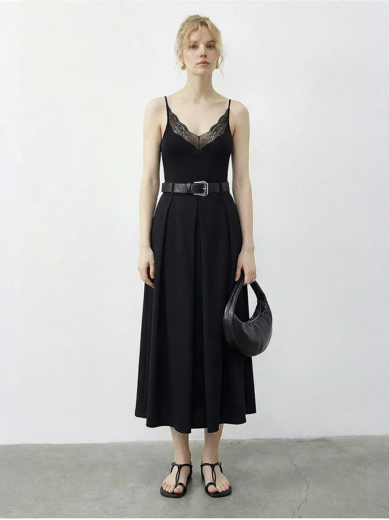 Bianco Lucci Black LUCCI High Waist Midi Skirt with Belt for Women | Best Price UAE