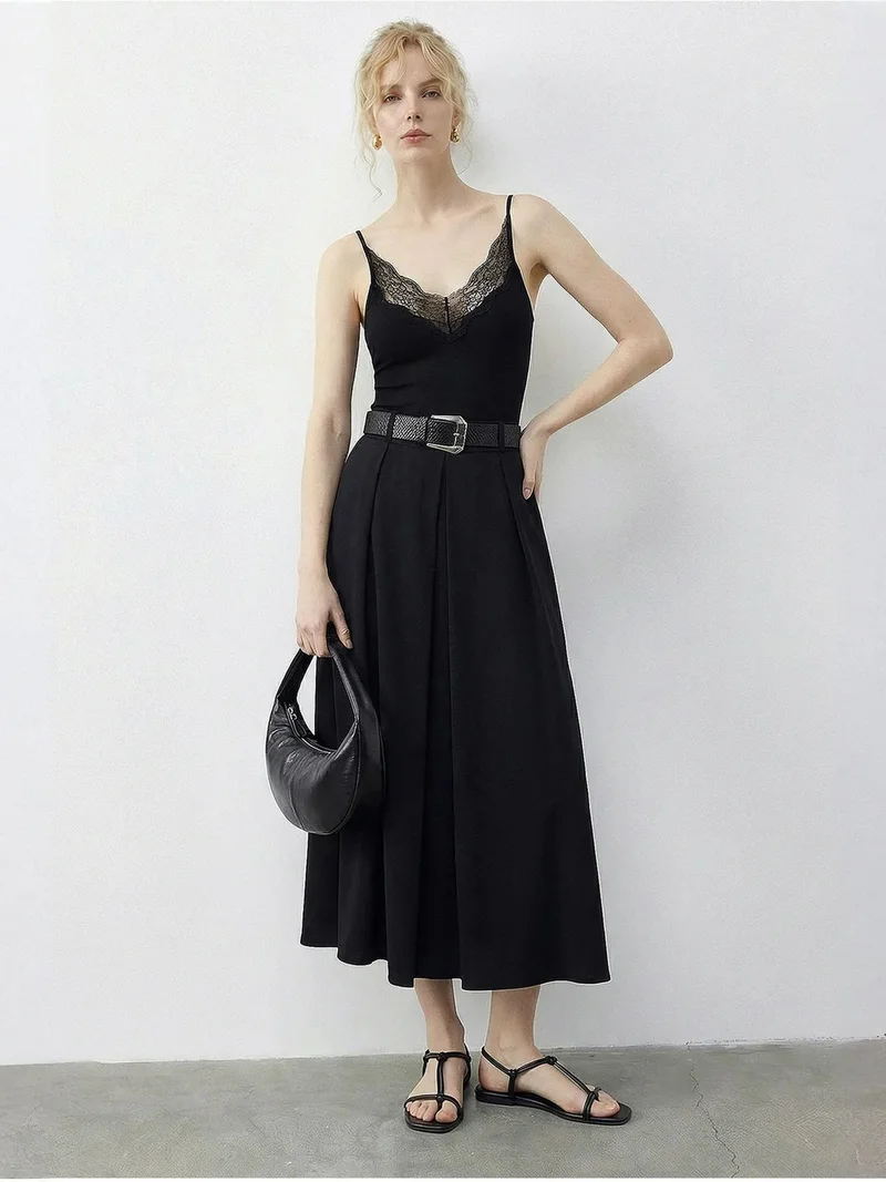 Bianco Lucci Black LUCCI High Waist Midi Skirt with Belt for Women | Best Price UAE