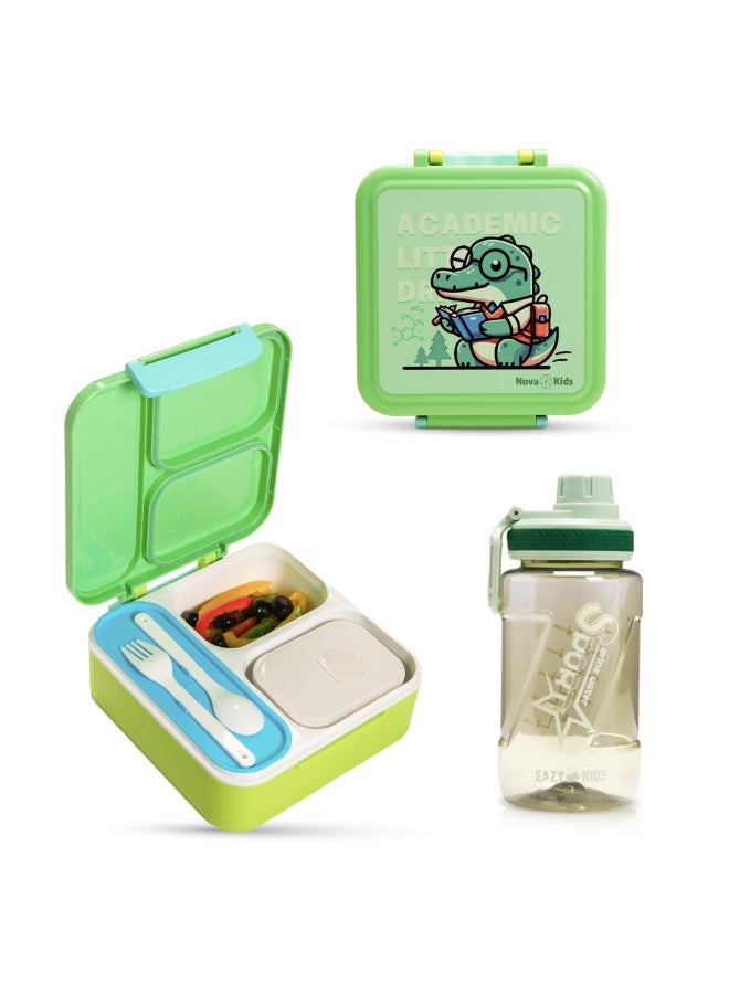 Nova Kids 3 Compartment Bento Lunch Box w/ Water Bottle, Spoon & Fork Set and Stainless Steel Jar - Dino Green - Image 1