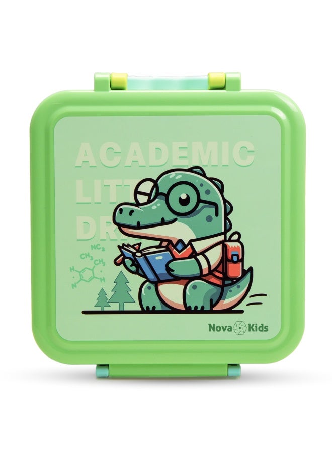 Nova Kids 3 Compartment Bento Lunch Box w/ Water Bottle, Spoon & Fork Set and Stainless Steel Jar - Dino Green - Image 2