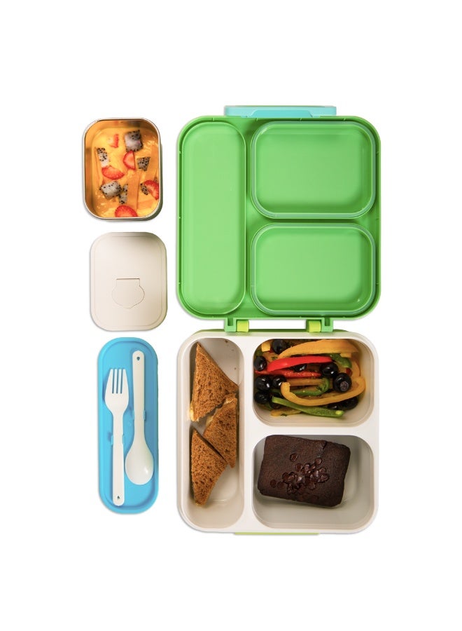 Nova Kids 3 Compartment Bento Lunch Box w/ Water Bottle, Spoon & Fork Set and Stainless Steel Jar - Dino Green - Image 4