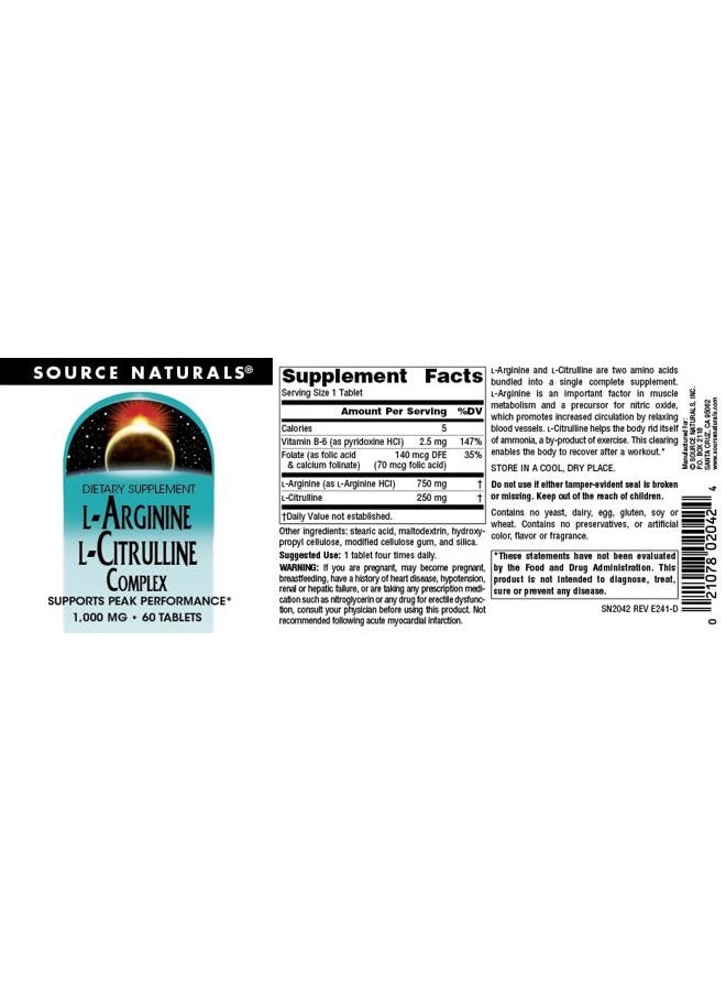 Source Naturals L-Arginine L-Citrulline Complex 1000mg Essential Amino Acid Supplement - 60 Tablets - Image 4