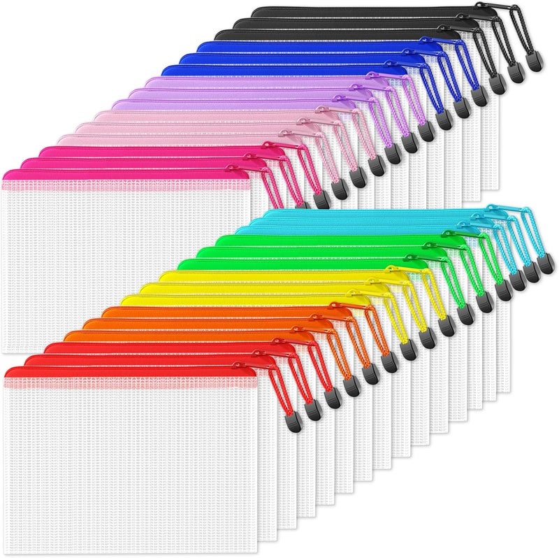 SUNEE Mesh Zipper Pouch 6.8x9.2 in (10 Colors, 30 Packs), Mesh Bags with Zipper for School Office Supplies, Puzzles & Games, Travel Accessories - Image 1