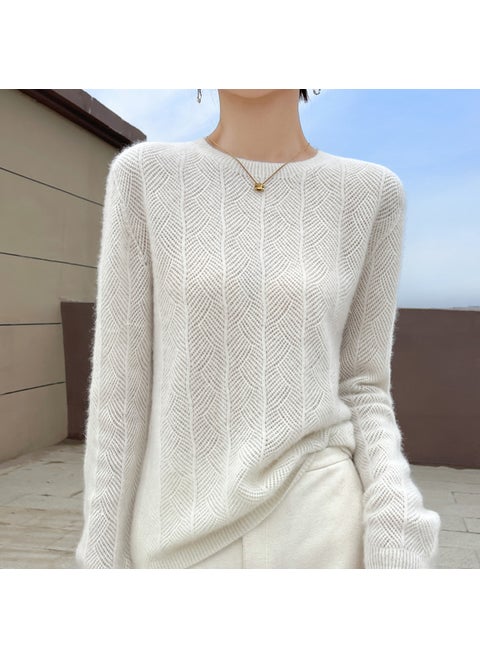 First-Line Clothing 100 Pure Wool Sweater Womens New Round Neck Pullover Sweater Solid Color Twisted Hollow Knitted Base Shirt White