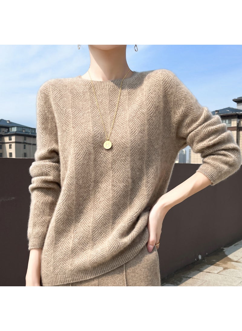 First-Line Clothing 100 Pure Wool Sweater Womens New Round Neck Pullover Sweater Solid Color Twisted Hollow Knitted Base Shirt White