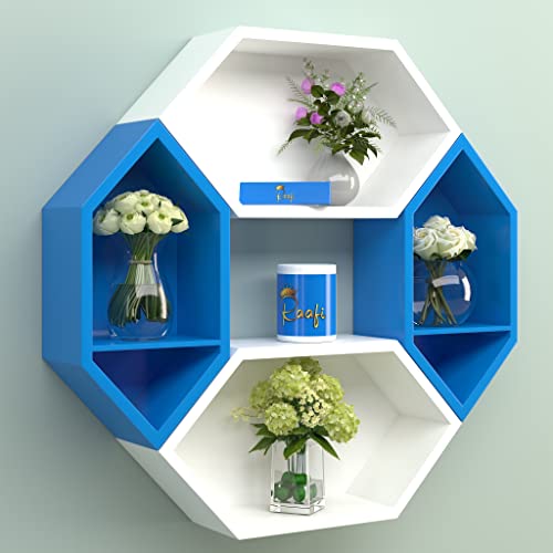 Raafi Wooden Pared Pentagon Floating Wall Shelf with 4 Shelves (Blue & White) (Blue & White) - Image 1