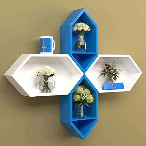 Raafi Wooden Pared Pentagon Floating Wall Shelf with 4 Shelves (Blue & White) (Blue & White) - Image 2