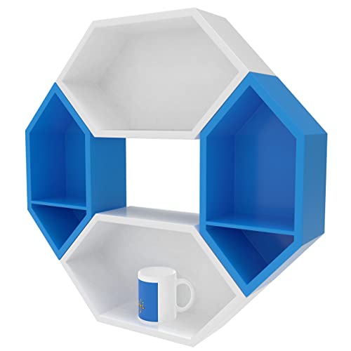 Raafi Wooden Pared Pentagon Floating Wall Shelf with 4 Shelves (Blue & White) (Blue & White) - Image 5