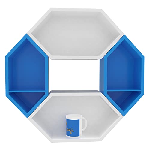 Raafi Wooden Pared Pentagon Floating Wall Shelf with 4 Shelves (Blue & White) (Blue & White) - Image 3